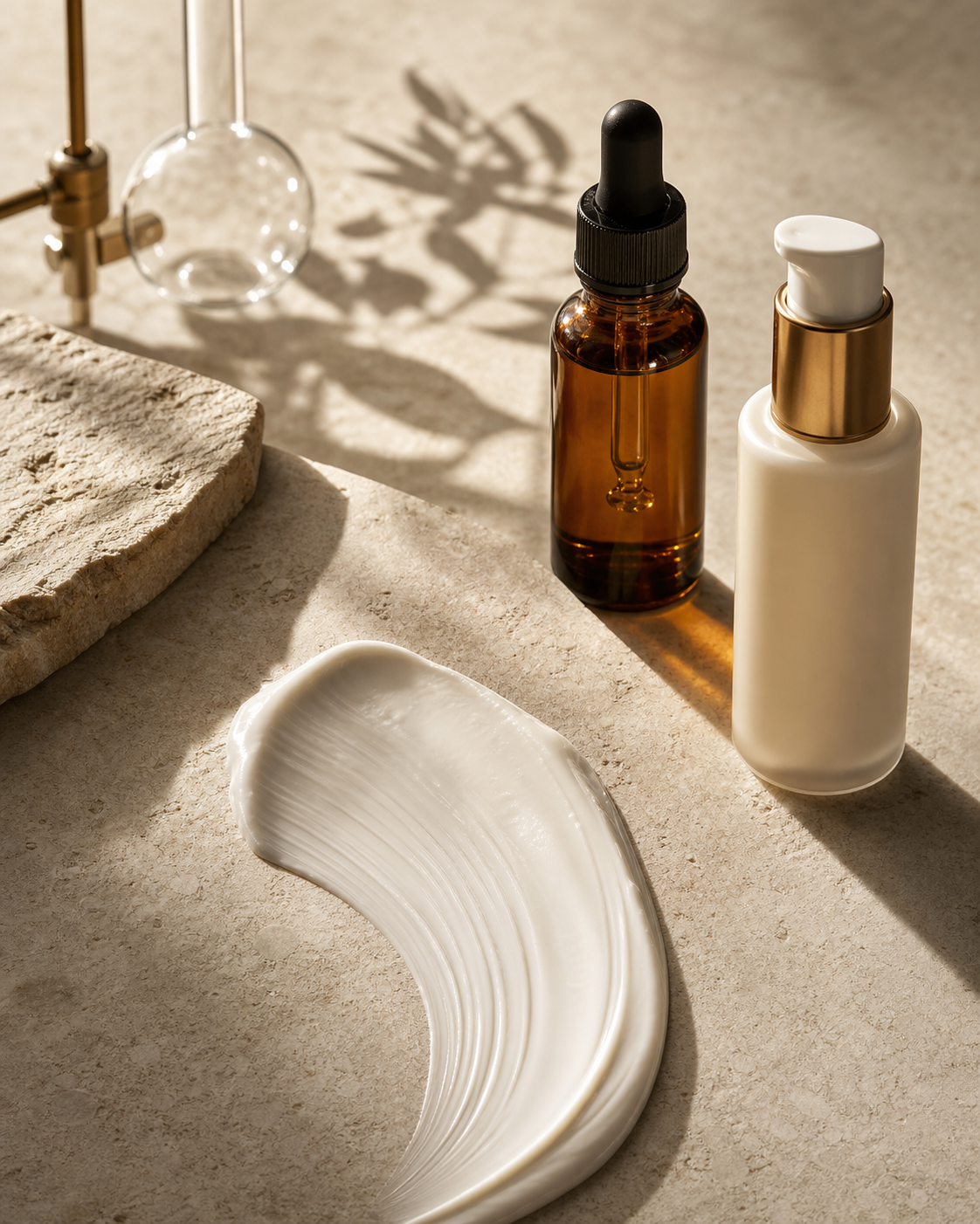 Editorial sunscreen formulation still life with amber and ivory cosmetic vessels